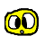 Pixelated yellow cartoon face with large white eyes and black pupils, a small mouth, and a single white dot on the chin against a gray background.
