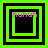 Four identical square arranged in a , each containing layered green and black squares with pink text reading 'huhuh' at the top
