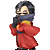 Pixelated character in red robe with blue sash and yellow inner garment, dark hair tied back, face partially covered by scarf, standing against gray background.