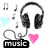 Pixelated icon with headphones, musical notes, hearts, and text labels on white background.
