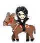 Pixelated character with dark hair rides brown horse; left arm raised in first frame, lowered in second frame.