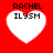 Four identical pixelated heart icons with text on red background, each showing 'RACHEL' above 'ILYSM' in black block letters.