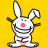 Pixelated cartoon bunny with striped body, pink nose and belly, blue eyes on yellow background.
