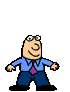Pixelated cartoon character in blue shirt and purple tie displays six distinct poses with varying arm positions, facial expressions, and leg postures against gray background.