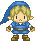 Pixel art character with blonde hair and blue hat, wearing blue tunic, brown belt, white undershirt, brown gloves, and brown boots against gray background.