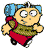 Pixelated cartoon character with blue hair, green shirt, red shorts, and a red backpack in two running poses against gray background.