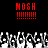 Red pixelated text and symbols on black background with grayscale crowd below, static image.