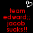 Pixelated red text on black background with white heart symbol above, displaying 'team edward: jacob sucks!!' in two identical side-by-side