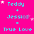 A bright pink background displays repeated text 'Teddy + Jessica = True Love' in cyan pixelated font with scattered white and light pink stars.