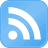 Blue square icon with rounded corners containing white RSS feed symbol of three curved lines and a circle.