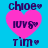 Pixelated text and pink heart shapes on a bright blue background, with repeated names 'chloe', 'tim', and 'luvs' in dark purple letters.