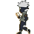 Pixelated character with white spiky hair and dark face mask walks left to right holding a golden object, wearing green jacket over dark pants.