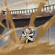 Animated sequence of a character with red hair and black-and-white clothing holding a white object, surrounded by brown branches against a bridge background.