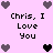 Pixelated pink background with repeated 'Chris, I Love You' text and heart symbols in gray and black.