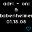 Pixelated text displays 'adri - oni & babenheime 01.18.08' with two cyan hearts below, repeated side-by-side in a static layout.