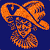 Pixelated orange and brown abstract shape on dark blue background with no discernible text or recognizable forms.