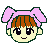 Pixel art contact sheet of two animated frames showing a cartoon character's head with pink bows and brown hair, one frame with closed eyes and the other with a wink.