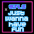 Animated pixel art contact sheet showing five frames of a buddy icon with text "girls just wanna have fun" in blue and purple neon-style lettering inside pink and purple borders on black background.