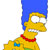 Yellow-skinned cartoon character with blue hair, red collar, and blue chest emblem, facing right with wide eyes and open mouth.