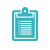 Pixelated teal clipboard icon with white horizontal lines on the document section and a clip at the top, set against a light gray background.
