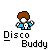 Pixel art character with brown hair and red marks on forehead, wearing blue shirt holding soccer ball, below text 'Disco Buddy' in blocky font.