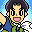 Pixel art contact sheet showing two frames of an animated character with dark hair, blue shirt, green vest, and white collar against contrasting backgrounds.