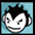 A small square icon with a cartoon character face on light blue background, surrounded by red text on black background.