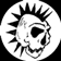 Black-and-white circular icon with spiked outline showing a skull's head turning through multiple angles, mouth opening and closing.
