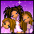 Animated contact sheet of a pixel art icon featuring two cartoon girls with brown hair against a purple starry background, transitioning through text overlays from "yes" to "don't mess with me and mah gums!"
