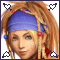 Pixelated portrait of a person with long light brown hair wearing a blue headband, pink and blue hair accessories, and red clothing against white background.