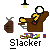 Pixel art buddy icon featuring a brown stick figure with yellow limbs holding a white lightbulb, next to a brown sack and colorful abstract shapes on gray background.