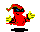 Red cartoon character with yellow gloves and green-accented red hat, performing a waving motion against gray background.