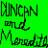 Green and yellow split-screen pixel art displays 'DUNCAN and Meredith' text with black-on-green and white-on-yellow color schemes.