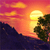 Pixelated sunset scene with orange and pink sky, yellow sun, dark blue water, and green tree silhouette on right.