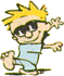 Animated cartoon character with spiky yellow hair, dark sunglasses, light blue shirt, and beige pants in a walking pose against white background.