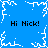 Blue background with white pixelated snowflake patterns and four instances of black text reading "Hi Nick!" arranged in a