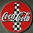 Red circular background with white cursive 'Coca-Cola' text and a black-and-white checkered vertical bar across the center.