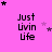Pink background with black text 'Just Livin Life' and scattered purple and black stars in a