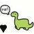 A pixelated green dinosaur with a long neck and tail stands beside a black funnel-shaped object, while a gray circular icon containing indistinct symbols floats above.