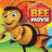 Animated pixel art of a cartoon bee character with orange and black stripes, blue eyes, and a smiling expression, set against a green background with a red 'BEE MOVIE' sign.
