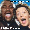 Two people in close proximity with open mouths, blue background, and text overlays reading 'RUBEN AND CLAY' and 'AMERICAN IDOLS' or 'BEST OF FRIENDS' across different frames.