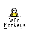 Animated contact sheet of 18 frames showing a yellow stick figure character with white head and brown monkey props in various action poses against gray background.