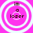 Four identical circular icons with concentric rings on a pink background, each displaying text "im a loser" in pixelated font.