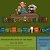 Two pixelated figures sit at a table with books and objects on a green background, below a row of colored squares.