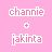 Animated icon with pink, orange, yellow, and green sections displaying text 'channie', '+', 'jakinta', 'OMG', 'BFFI', and 'HOLLA' in pixelated fonts.