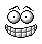 Pixelated cartoon face with large round eyes and a wide grin showing square teeth, displayed in multiple variations across four on gray background