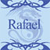 Pixelated blue and white icon with the name 'Rafael' in stylized text, framed by decorative blue swirls on a light blue background.