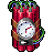 Pixelated icon of a red cylindrical bomb with a clock face, green and blue wires, and brown straps against a gray background.
