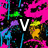 Pixelated animation with repeating pink shapes, blue vertical lines, and scattered green/yellow accents on black background, featuring white text characters V, I, C, U, K, I, =1, and :)