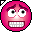 Pixelated pink circular icon with wide eyes and a grinning mouth showing teeth, displayed side-by-side in two slightly different poses against gray background.